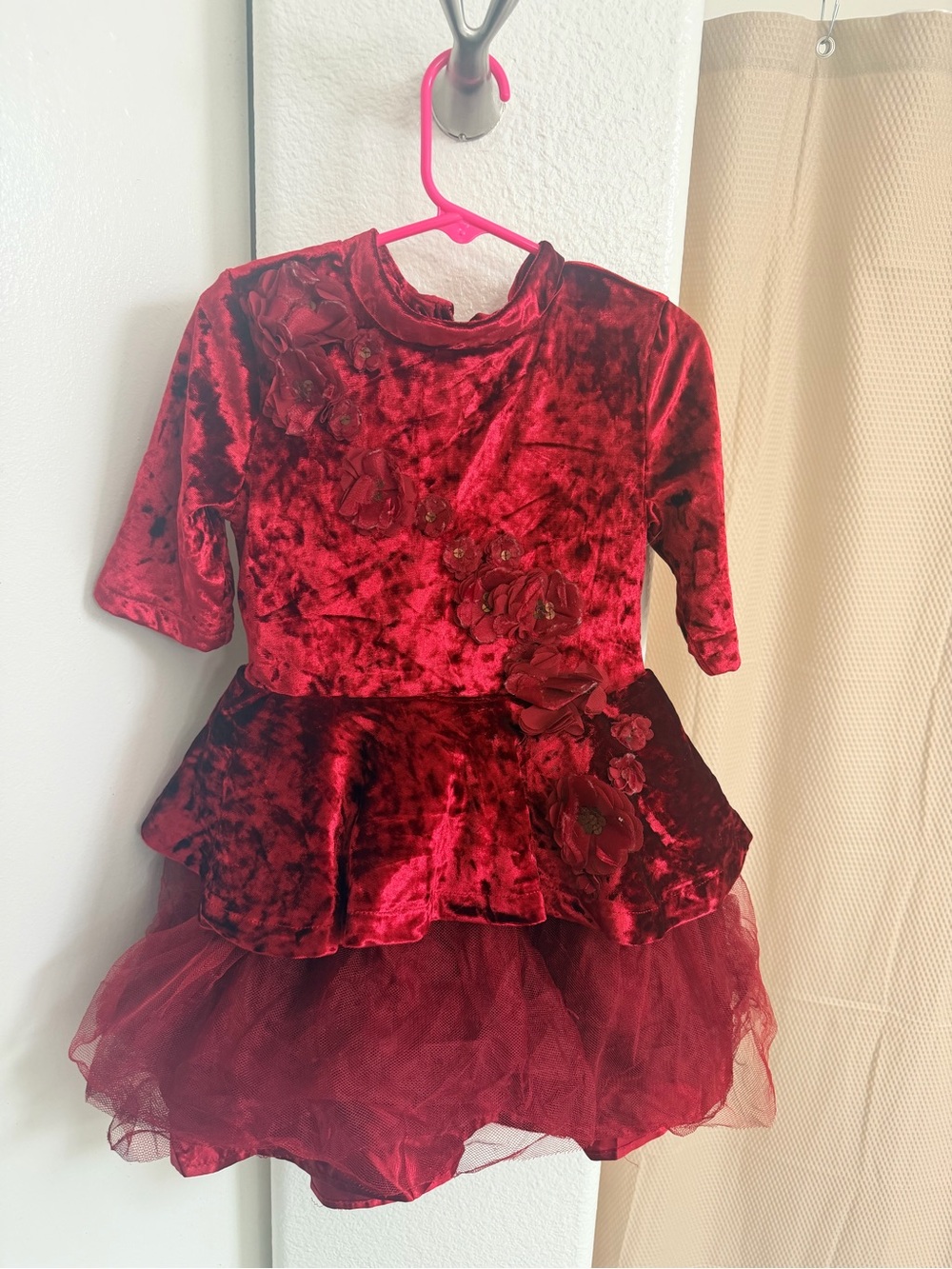 Disney belle Red Velvet Floral Peplum Kids Dress